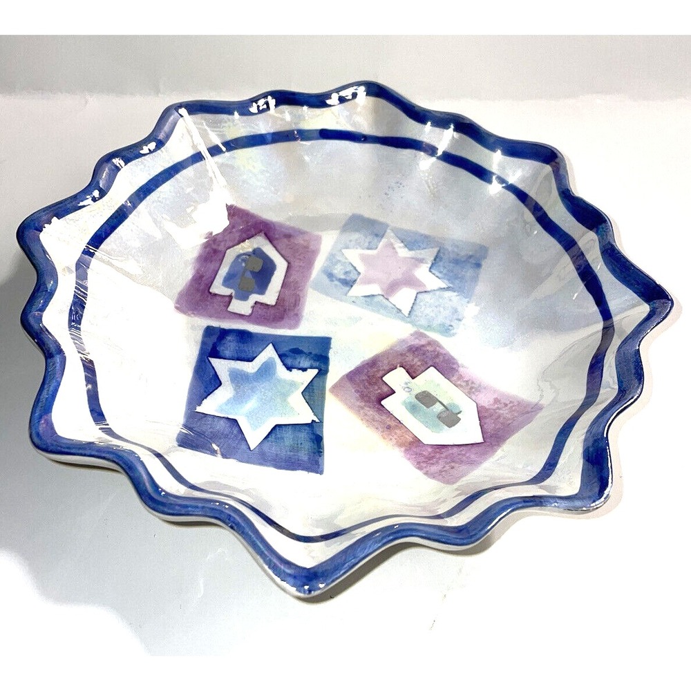 VINTAGE LUSTERWARE CERAMIC DISH BOWL WITH SCALLOPED EDGES DOUBLE BLUE RING